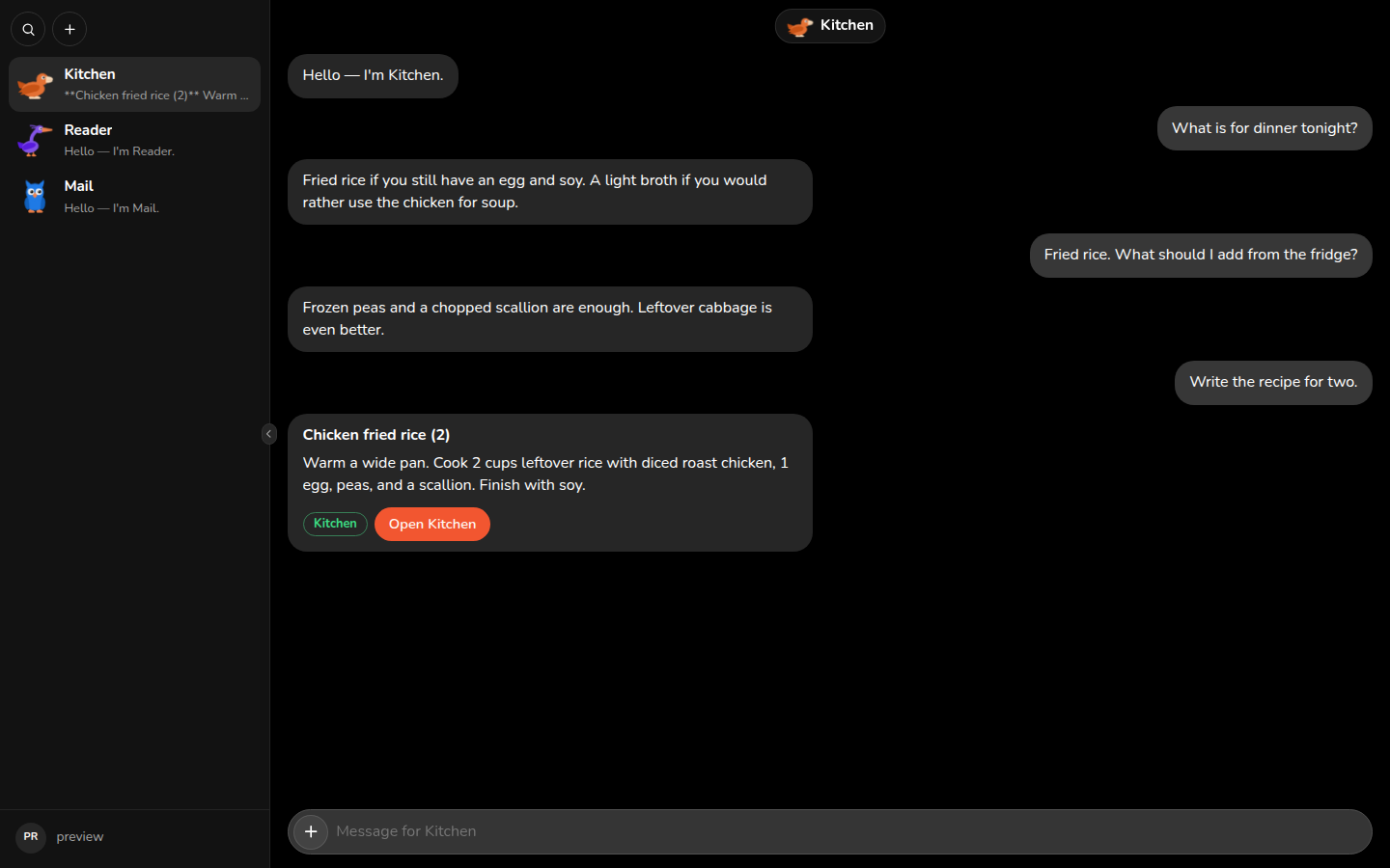 Host Dostigus: чат с Bot Kitchen, слева список Bot Kitchen, Reader и Mail