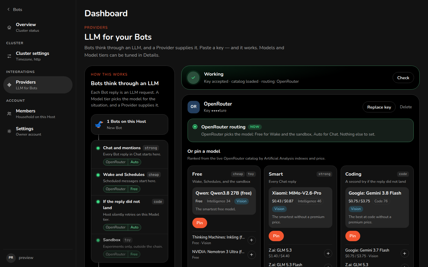 Dashboard Host, раздел Providers: ключ OpenRouter и Model tiers